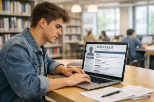 Jovem fazendo um currículo para o primeiro emprego.