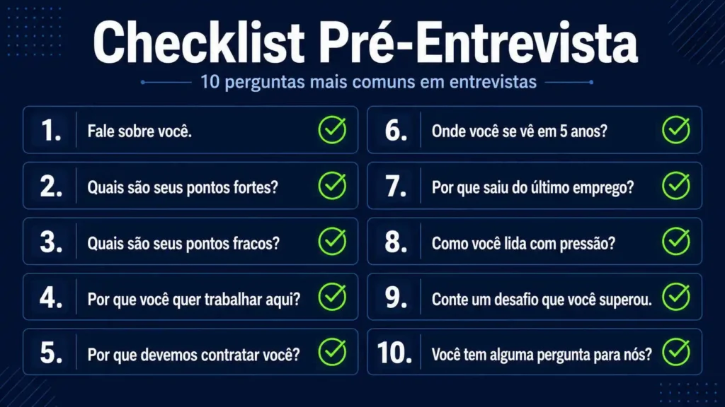 Checklist prático antes de encarar as 10 Perguntas Mais Comuns em Entrevistas