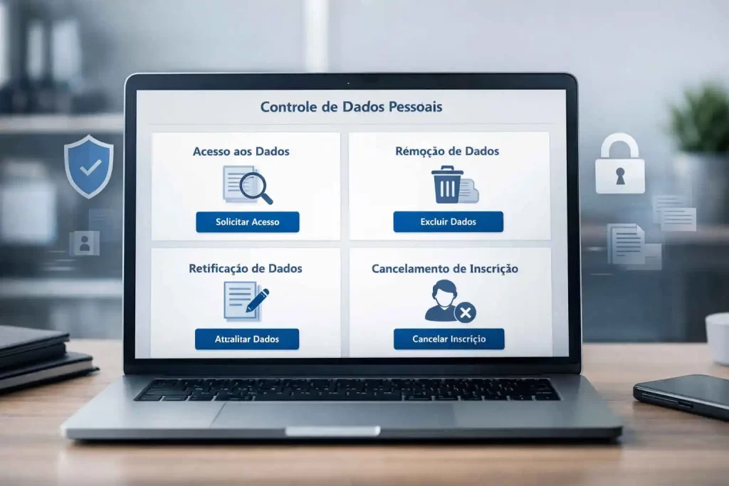 Tela de controle de dados pessoais com foco em interface digital moderna, limpa e intuitiva, reforçando autonomia do usuário e proteção das informações.