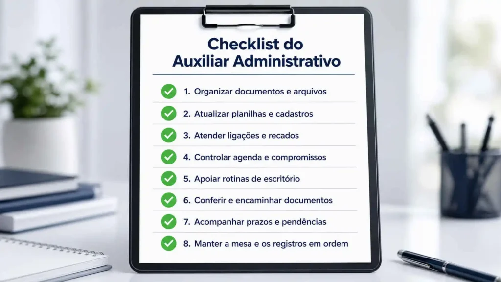 Checklist visual de organização ensinado no curso auxiliar administrativo.