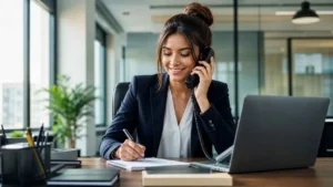 Jovem no primeiro emprego aplicando técnicas ensinadas no curso auxiliar administrativo