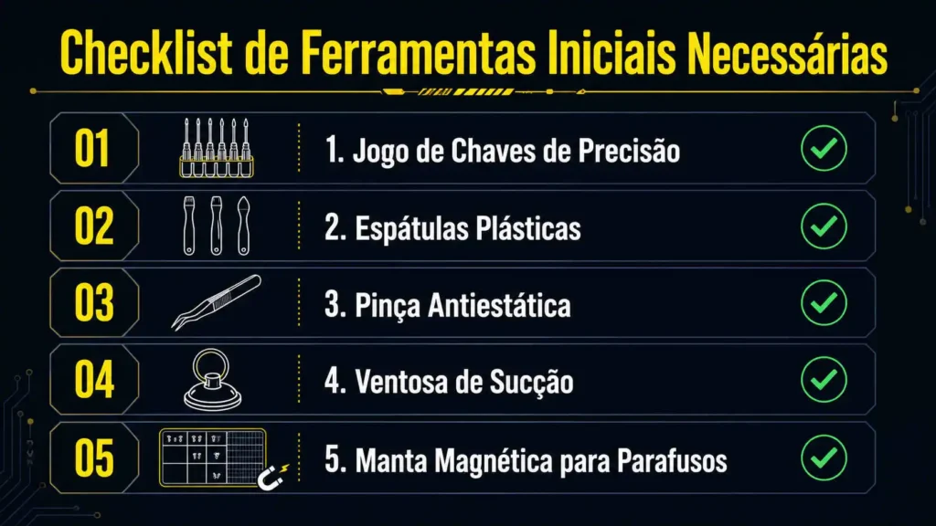 Checklist de ferramentas iniciais necessárias para o mercado de manutenção de celulares.