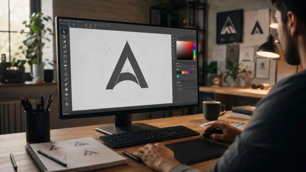 Tela de computador demonstrando as aulas práticas na criação ode logotipo do curso design gráfico online.